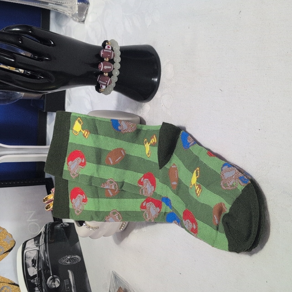 Green Football Themed Socks And Football Stretch Bracelet Bundle